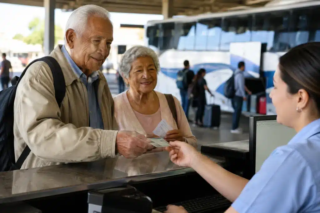 Idosos apresentam documentos no guichê de uma rodoviária, representando o processo de solicitação da passagem gratuita em ônibus interestadual.