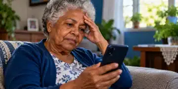 Idosa preocupada consulta o celular, representando a busca por apoio para a saúde mental pelo Acolhe Mais.