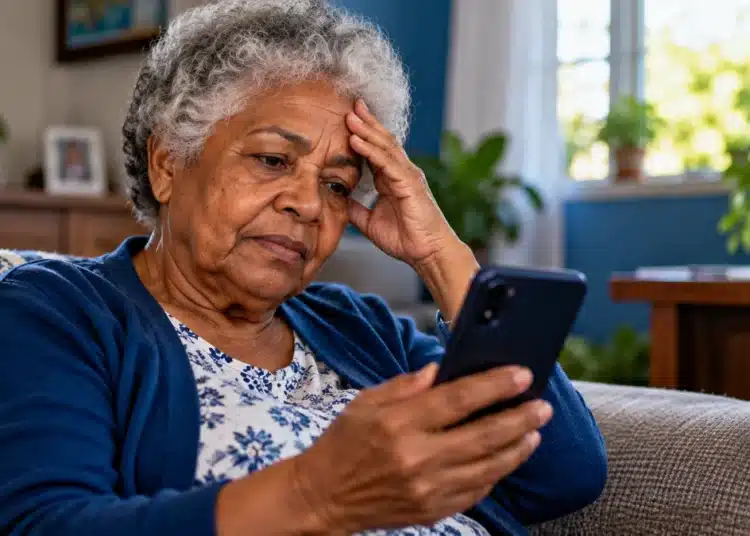 Idosa preocupada consulta o celular, representando a busca por apoio para a saúde mental pelo Acolhe Mais.