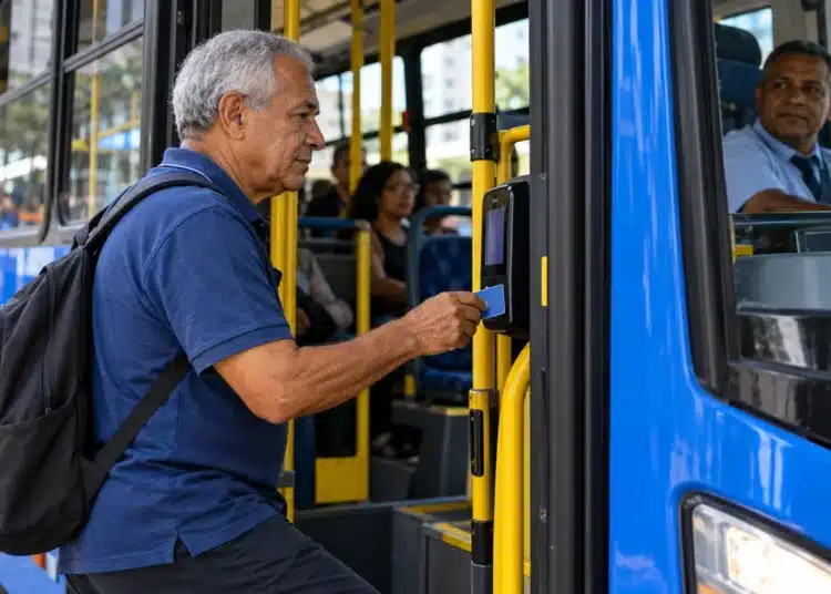 Idoso entre 60 e 65 anos embarcando em ônibus urbano, representando as regras de gratuidade no transporte público
