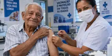 Idoso com mais de 85 anos recebe vacina no braço aplicada por profissional de enfermagem em unidade de saúde, ilustrando a vacinação contra pneumonia na Baixada Santista.
