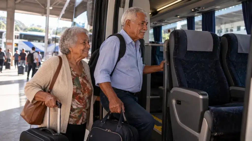 Casal de idosos embarca em ônibus interestadual, representando o direito a duas vagas gratuitas por veículo para pessoas idosas de baixa renda