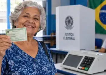 Idosa segura título de eleitor ao lado de urna eletrônica em seção eleitoral, representando o voto como comprovação da Prova de Vida do INSS.