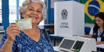 Idosa segura título de eleitor ao lado de urna eletrônica em seção eleitoral, representando o voto como comprovação da Prova de Vida do INSS.